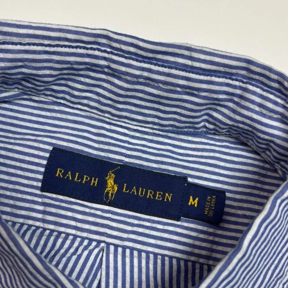 Ralph Lauren Seersucker Blue Striped  Mens Medium Short Sleeve Button Down Shirt - Picture 6 of 7